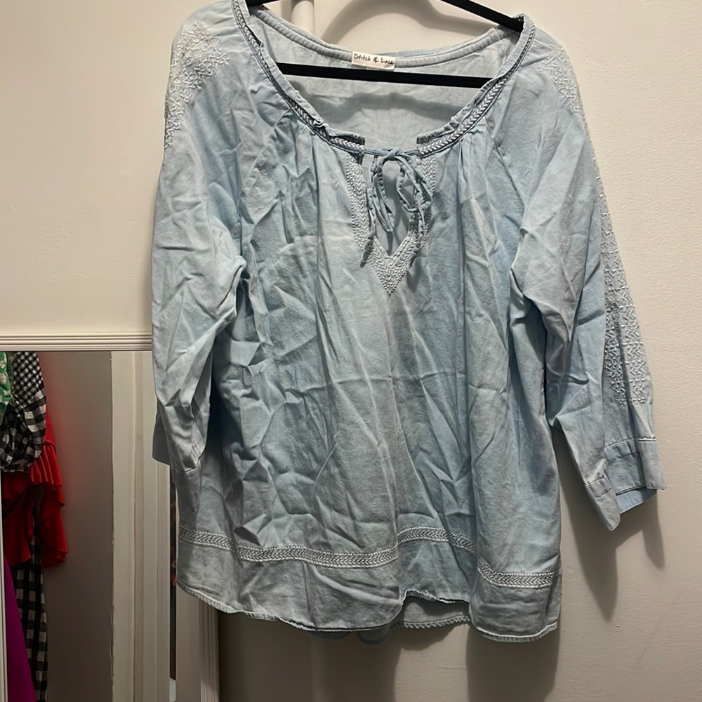 Stitch and Lace Chambray Top